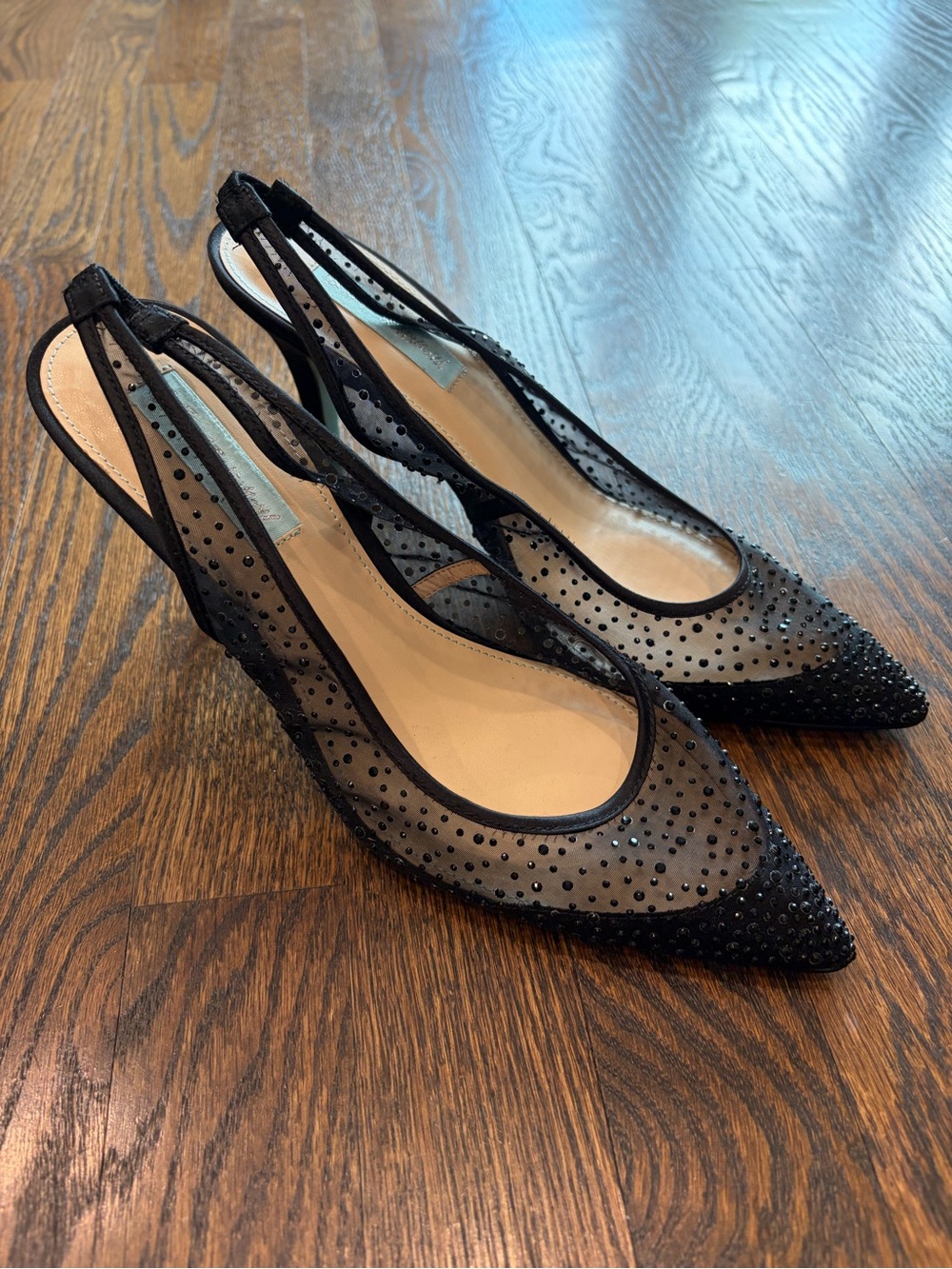 Betsey Johnson Black Mesh Slingback Pointed Toe Heels with Rhinestones
